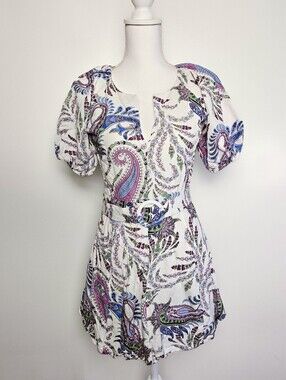 Cream and Paisley Mini LOFT Dress with cinched sleeves and belted waist